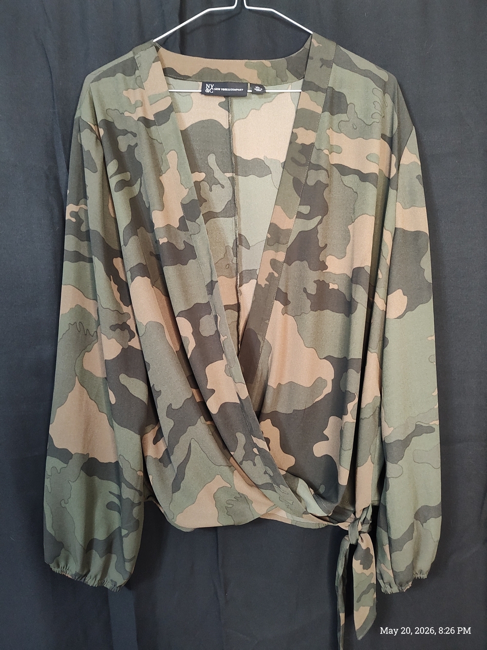 NY&Co Camo Puff Long Sleeves  Pullover Lightweight Crossbody Side Tie Top Cover